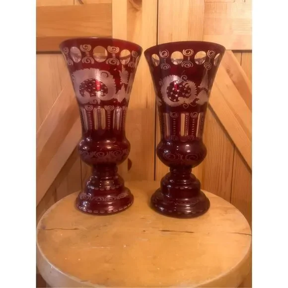 Vintage Egarmann Ruby Cut to Clear Vase/Glass Czech Bohemian set of 2